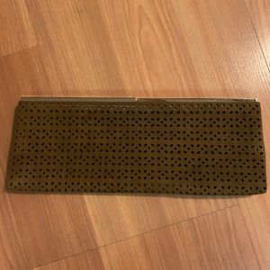 Jimmy Choo Olive Green Laser-Cut Suede Clutch with Gold Trim